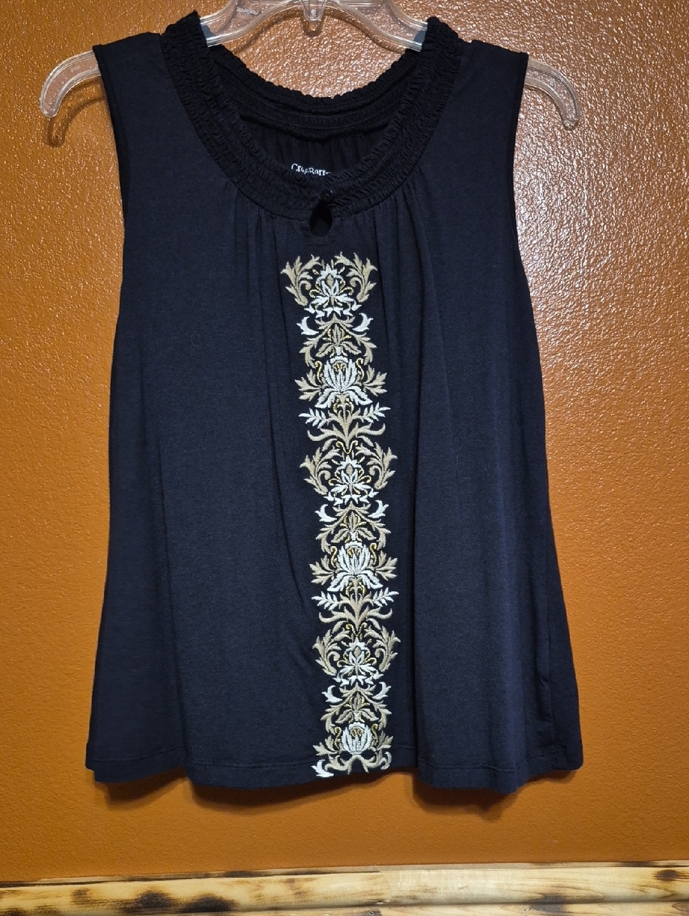 croft & barrow Black Sleeveless Tank with Gold and Cream Embroidery